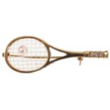 18 CT. GOLD DIAMOND AND PEARL BROOCH in the form of a tennis racket Worldwide shipping available.