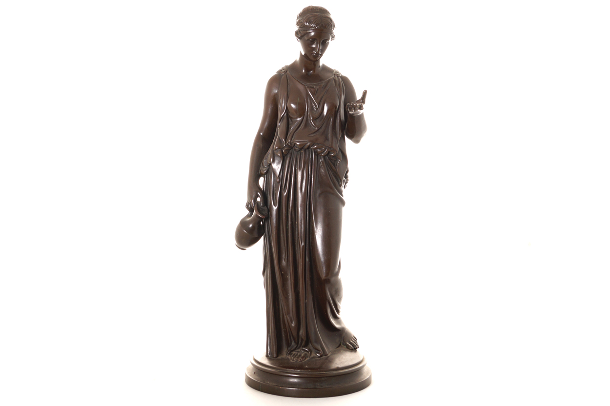 FRENCH BRONZE SCULPTURE of a classical maiden with a ewer, nineteenth-century 69 cm. high