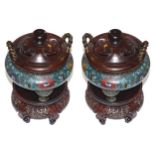 PAIR OF QING PERIOD ENAMELLED CENSORS each with a hardwood lid inset with auspicious bat shaped