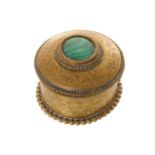 NINETEENTH-CENTURY CHASED BRASS AND MALACHITE CIRCULAR JEWELLERY BOX 8 cm. diameter Worldwide