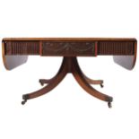 LARGE REGENCY PERIOD MAHOGANY AND SATINWOOD CROSSBANDED LOW TABLE the rectangular top with drop