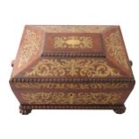 REGENCY ROSEWOOD AND BRASS INLAID WORK BOX the coffered lid opening to a fitted interior above a