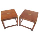 PAIR OF TWENTIETH-CENTURY MAHOGANY AND BRASS BOUND CAMPAIGN TABLES 50 cm. high; 56 cm. wide; 56