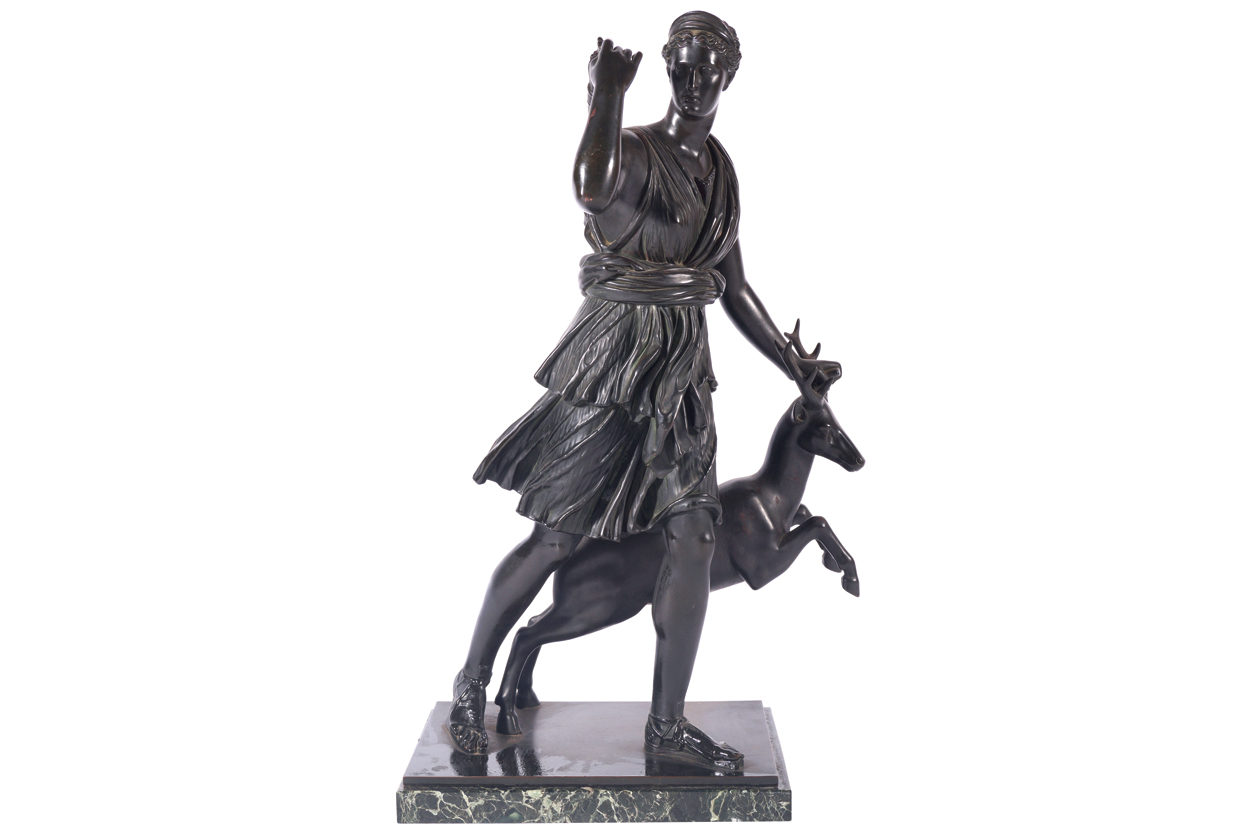 NINETEENTH-CENTURY FRENCH SCHOOL After Houdin. Diana the huntress and stag. Raised on a marble base.