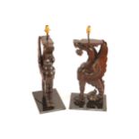 PAIR OF LARGE CARVED OAK WINGED GRIFFIN STEMMED TABLE LAMPS AND SHADES each supported on a square