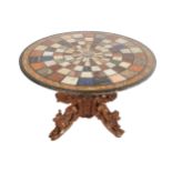 NINETEENTH-CENTURY KILLARNEY CARVED WOOD CENTRE TABLE the circular specimen marble top, supported on