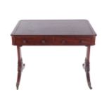 REGENCY PERIOD MAHOGANY LIBRARY TABLE the rectangular leather inset top, above two real and opposing