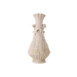 LARGE 1ST PERIOD BELLEEK VASE with moulded leaf and raised floral decoration 33 cm. high; 14 cm.