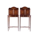 PAIR OF EDWARDIAN PERIOD MAHOGANY AND MARQUETY CABINETS each of two urn inlaid panel doors, above