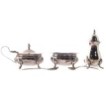 THREE PIECE SILVER CONDIMENT SET each raised on cabriole legs 7 cm. high and lower Worldwide