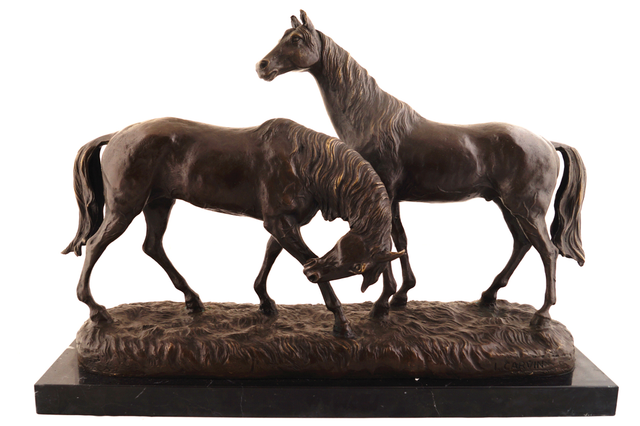 BRONZE GROUP OF A MARE AND STALLION standing on a rocky mound raised on a marble plinth 36 cm. high;