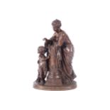 NINETEENTH-CENTURY FRENCH BRONZE SCULPTURE woman resting on a pillar, with a cherub at her feet.