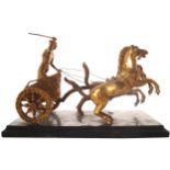 NINETEENTH-CENTURY FRENCH ORMOLU HORSE DRAWN CHARIOT AND CHARIOTEER raised on a marble base 20 cm.