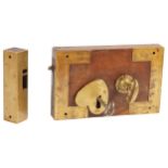 EIGHTEENTH-CENTURY DUBLIN MAHOGANY AND BRASS BOUND DOOR LOCK AND RECIEVER 21 cm. high; 34 cm.