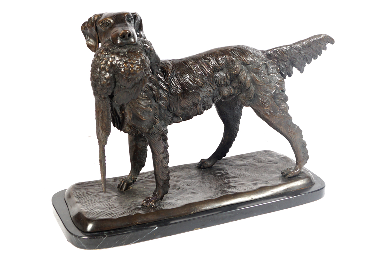 AFTER MENE, TWENTIETH-CENTURY BRONZE Red setter holding a pheasant in it’s mouth. 65 cm. wide; 26