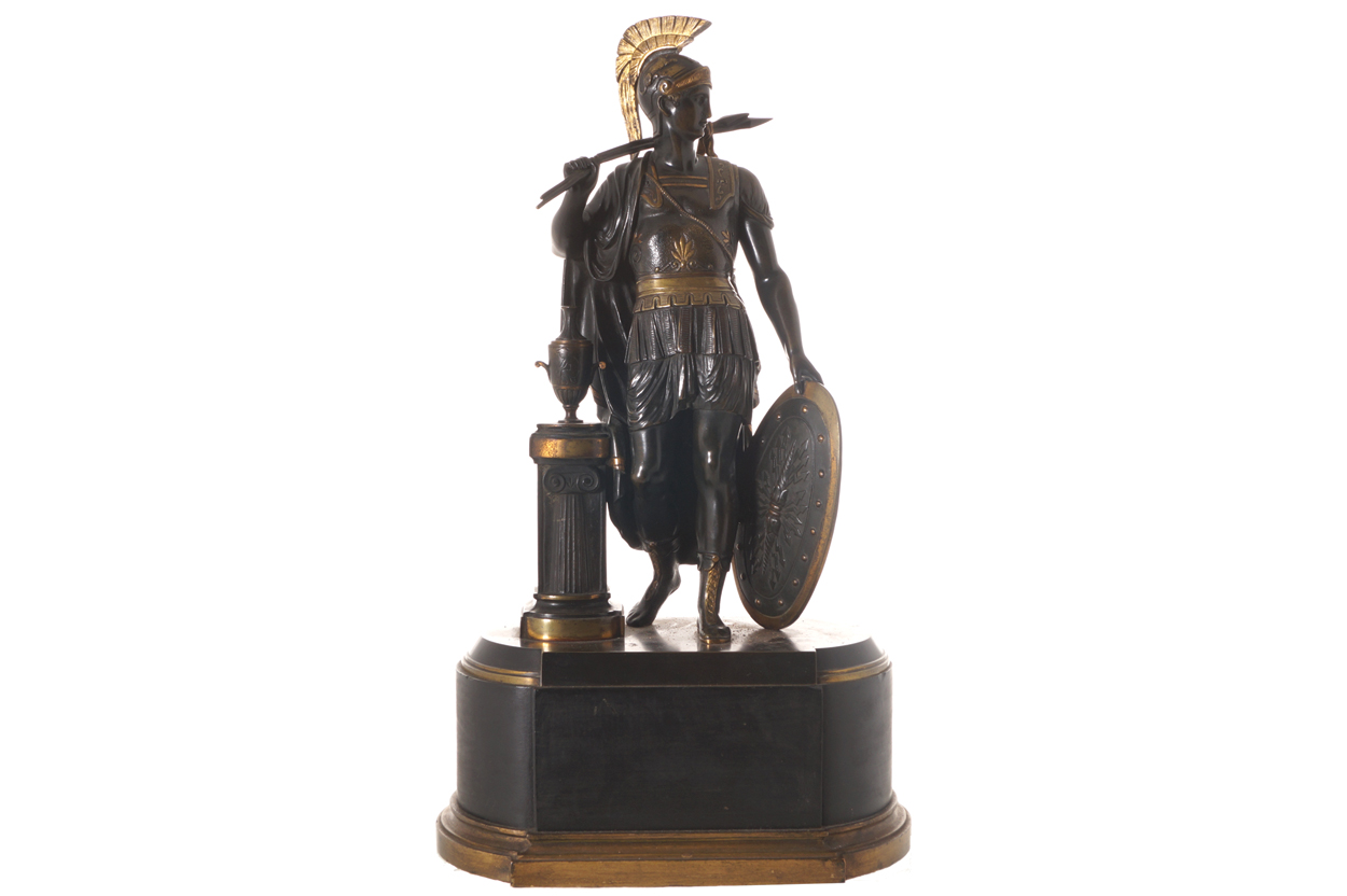 NINETEENTH-CENTURY FRENCH PARCEL-GILT BRONZE SCULPTURE OF A ROMAN SOLDIER mounted on an oval break-