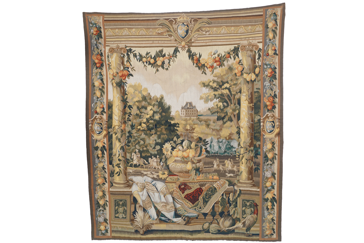 LARGE ENGLISH WALL HANGING depicting Oriental figures in a wooded landscape 194 cm. high; 160 cm.