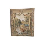 LARGE ENGLISH WALL HANGING depicting Oriental figures in a wooded landscape 194 cm. high; 160 cm.