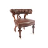 NINETEENTH-CENTURY MAHOGANY AND LEATHER UPHOLSTERED HOOPED DEEP BUTTONED BACKED LIBRARY CHAIR raised