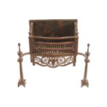 REGENCY PERIOD POLISHED STEEL AND CAST IRON FIRE BASKET with pierced serpentine front, raised on