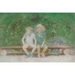 PAINTING Boy and girl seated on a bench in woodland landscape 35 x 46 cm. Worldwide shipping
