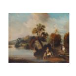 ENGLISH SCHOOL, NINETEENTH-CENTURY Horses and figures by a riverbank Oil on canvas 49 x 58 cm.