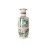 CHINESE QING PERIOD FAMILLE VERTE ROULEAU VASE decorated with alternating landscape and still life