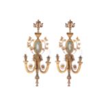 PAIR OF NINETEENTH-CENTURY GILT WOOD AND JASPERWARE INSET WALL APPLIQUES each of two scroll candle