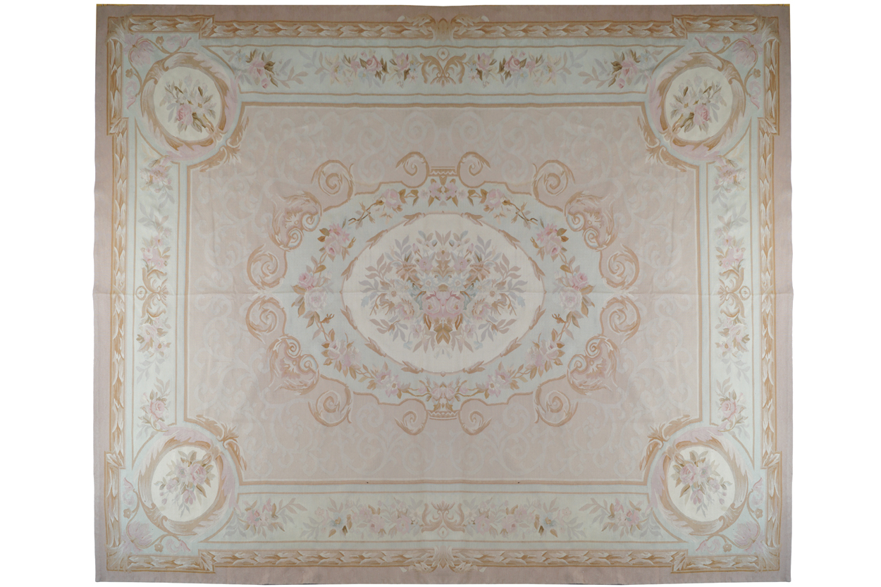 FRENCH AUBUSSON CARPET with ivory rosette medallion 355 x 276 cm. Worldwide shipping available.
