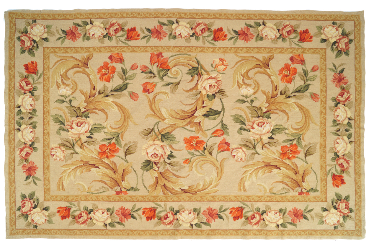 TAPESTRY central medallion with roses and poppies and trailing floral border on beige ground 172 x