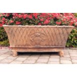 LARGE TERRACOTTA GARDEN JARDINIERE of elongated rectangular tapered form with basket weave