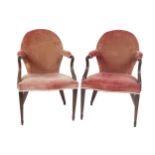 PAIR OF GEORGE III PERIOD MAHOGANY AND UPHOLSTERED ARM CHAIRS, CIRCA 1800 each with an oval