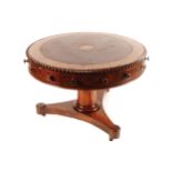 REGENCY PERIOD MAHOGANY, ROSEWOOD AND BRASS INLAID RENT TABLE the circular gadrooned edged top above