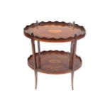 EDWARDIAN PERIOD MAHOGANY AND MARQUETRY TWO-TIER OVAL TEA TABLE raised on out-swept square tapered