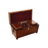 REGENCY PERIOD YEW WOOD AND AMBOYNA TEA CADDY the coffered lid opening to a fitted interior, with