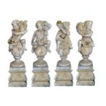 SET OF CAST-STONE CHERUB FIGURES representing the four seasons, each seated on a sphere raised on