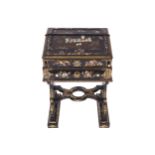 NINETEENTH-CENTURY LACQUERED AND MOTHER-O’PEARL LADY’S WRITING DESK raised on scroll ends, joined by