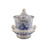 VICTORIAN BLUE AND WHITE POT POURRI with pierced lid below a floral finial 35 cm. high; 36 cm.