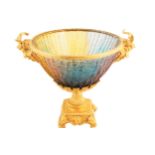 FRENCH ORMOLU AND POLYCHROME GLASS BOWL with rams head mask, raised on an inverted flower head stem,