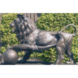 LARGE BRONZE HERALDIC LION one paw rested on a sphere after the Medici Lion, raised on a square