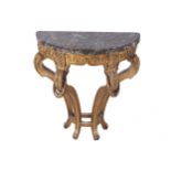 NINETEENTH-CENTURY CARVED GILTWOOD CONSOLE TABLE the rich veined D-shaped marble top, above a leaf