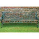 GEORGIAN WROUGHT IRON THREE SEATER GARDEN SEAT 85 x 150 cm.