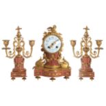 NINETEENTH-CENTURY ORMOLU AND PINK MARBLE CLOCK GARNITURE Clock: 23 cm. high