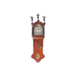 NINETEENTH-CENTURY ORMOLU MOUNTED MAHOGANY HANGING WALL CLOCK with arched enamelled dial, surmounted