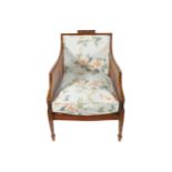 PAIR OF EDWARDIAN SATINWOOD AND PAINTED BERGERE CHAIRS each with loose cushions, raised on square