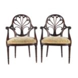 PAIR OF EDWARDIAN PERIOD HEPPLEWHITE ELBOW CHAIRS each with an oval plume railed back, above an