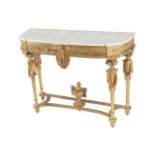 NINETEENTH-CENTURY GILT FRAMED CONSOLE TABLE the D-shaped white marble top, above a mask centered