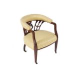 EDWARDIAN MAHOGANY, BOXWOOD INLAID AND UPHOLSTERED TUB ARMCHAIR 70 cm. high; 58 cm. wide; 52 cm.