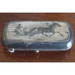 RUSSIAN SILVER NIELLO WORK BOX the engraved top depicting a horse drawn sleigh, G.K. 9 cm. long