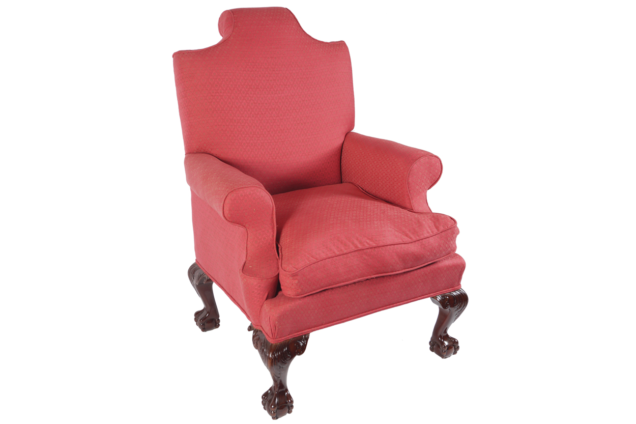 DUBLIN EDWARDIAN PERIOD MAHOGANY AND UPHOLSTERED ARMCHAIR raised on acanthus leaf carved cabriole